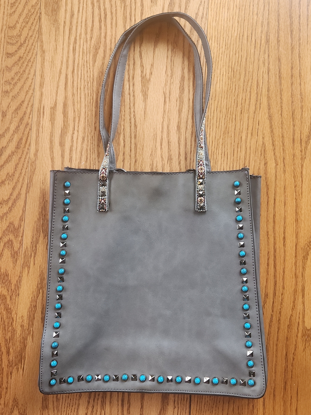 Gray Southwestern Tote Bag w turquois & Silver studs & Embroidered Floral Straps - Picture 1 of 11